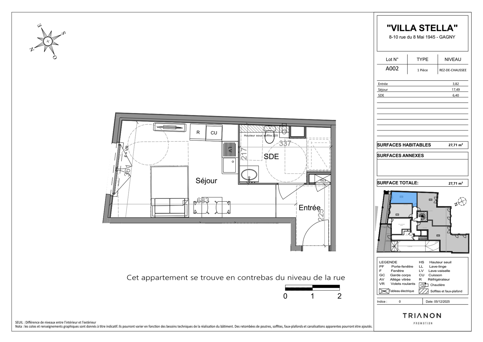 Plan 2D de l’appartement A002, Studio, 27,71 m²